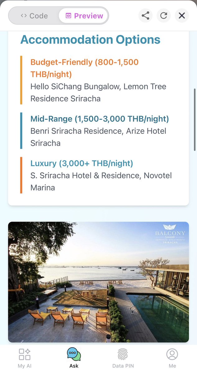 dumbmooney's tweet image. 🔥 @pinai_io webpage view option is stunning—those sleek, color-coded cards with sunset poolside imagery make browsing travel recs a joy. Far more beautiful and easy to read than typical AI text dumps! Pinai: AI that paints pictures, not just words. 🌅✨ #PINAI #PersonalAI
