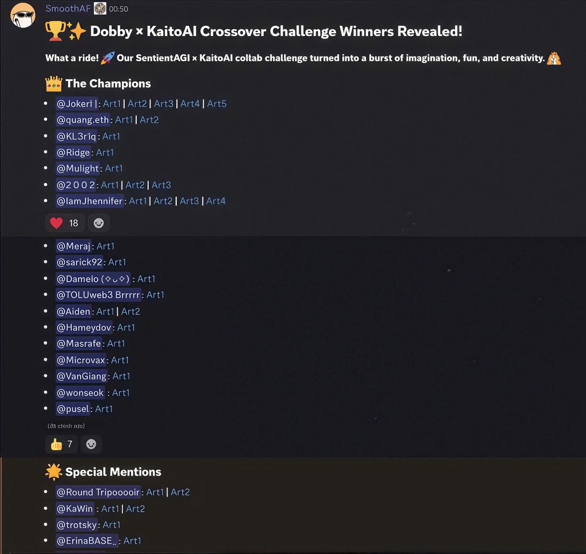 🌟 The Dobby x KaitoAI Crossover Challenge has officially wrapped up — and I’m truly honored to have received a Special Mention! 🙌✨

Huge thanks to the amazing Sentient community for all the support and inspiration 💖. This journey was full of creativity, fun, and