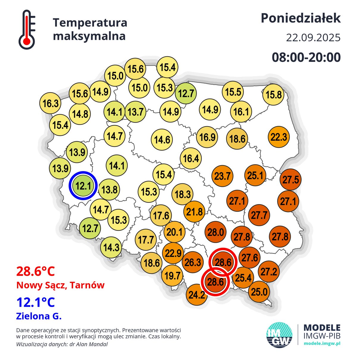 Wczoraj też (22.09) mieliśmy naprawdę znaczny gradient poziomy temperatury. Zresztą widać to na mapie Tmax. Tak patrzę na to, co się dzieje w pogodzie w tym roku i Wiecie co? Gdzieś z tyłu głowy zapaliła się opcja - Białe Święta Bożego Narodzenia lub znacznie więcej dni z pokrywą