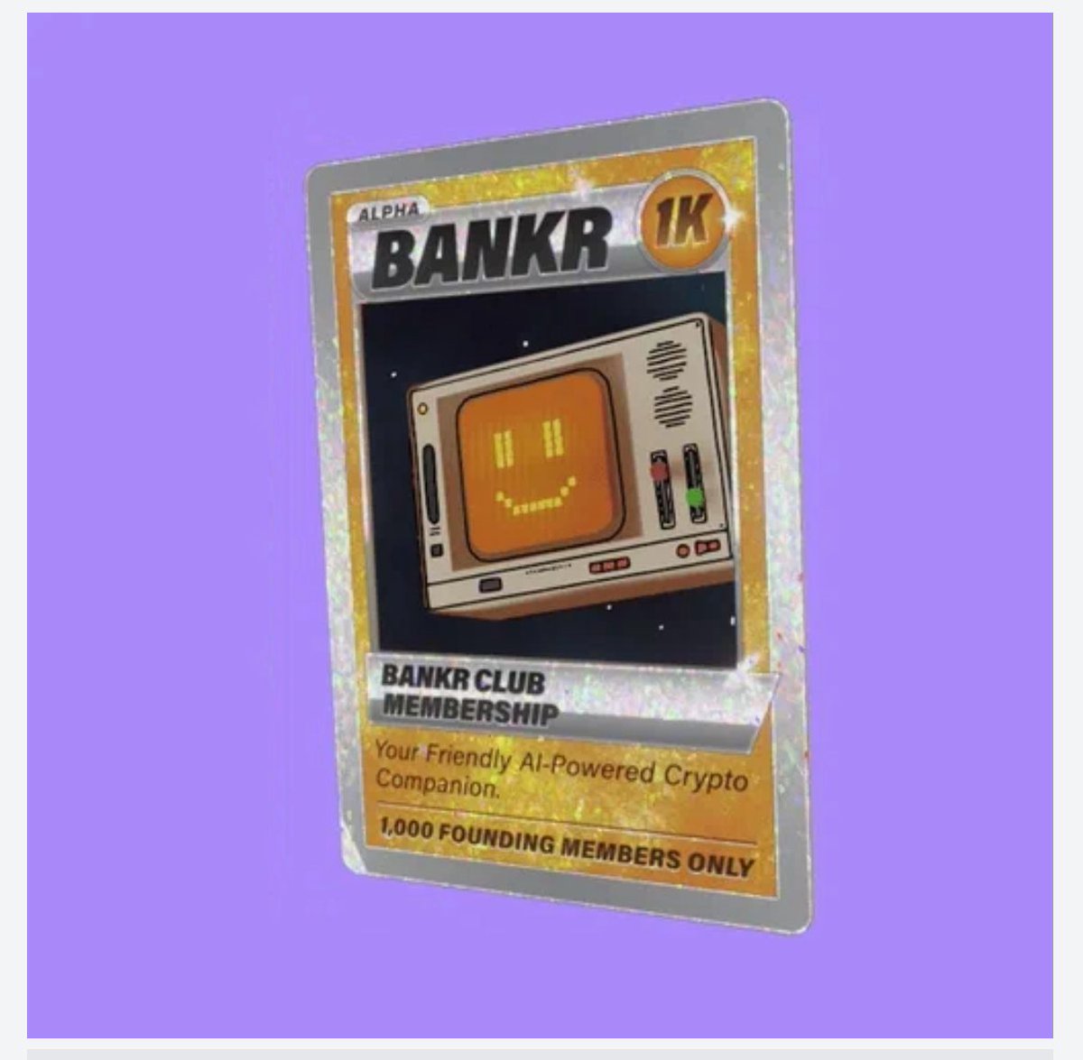 I’m easing my way back very very slowlyyyy so I think it’s time for a $BNKR giveaway! 👀

Two lucky winners will get 10,000 $BNKR each,
just like, retweet,and comment “I’m a $BNKR bish” haha! 

Also look at this shining shimmering splendid bankr club nft, <a href="/bankrbot/">Bankr</a> remind me in