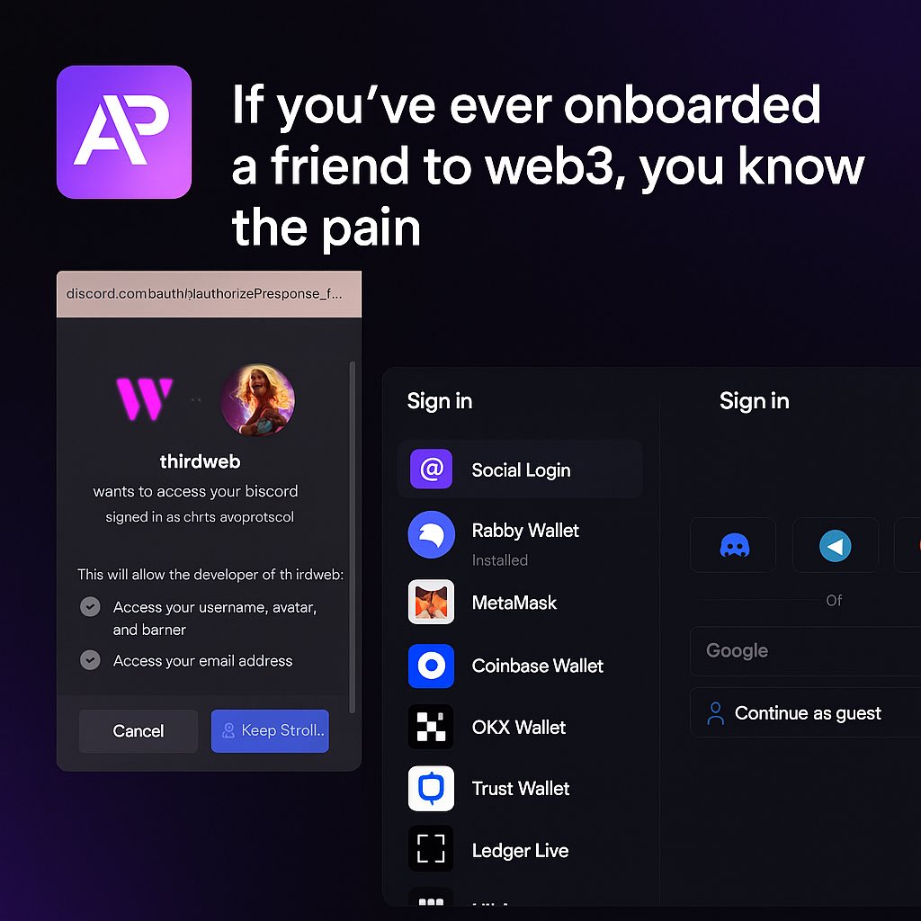 AgashiHaruna's tweet image. 1/:
If you’ve ever onboarded a friend to web3, you know the pain:
“Download this extension”
“Write down your seed phrase”
“Don’t lose it or you’re screwed”

Last week, @ava_protocol made that easier.

Log in with Discord, Telegram, Google, or email.

Boom 💥 wallet created.
