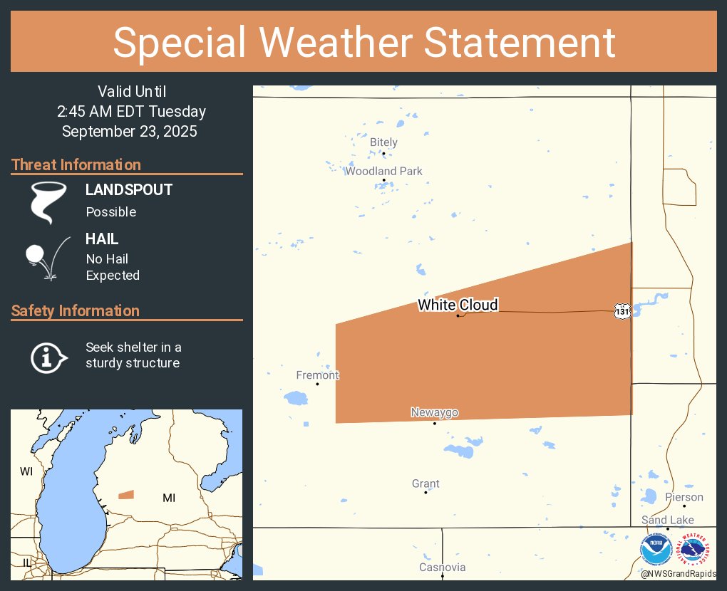 NWSGrandRapids's tweet image. A special weather statement has been issued for White Cloud MI until 2:45 AM EDT