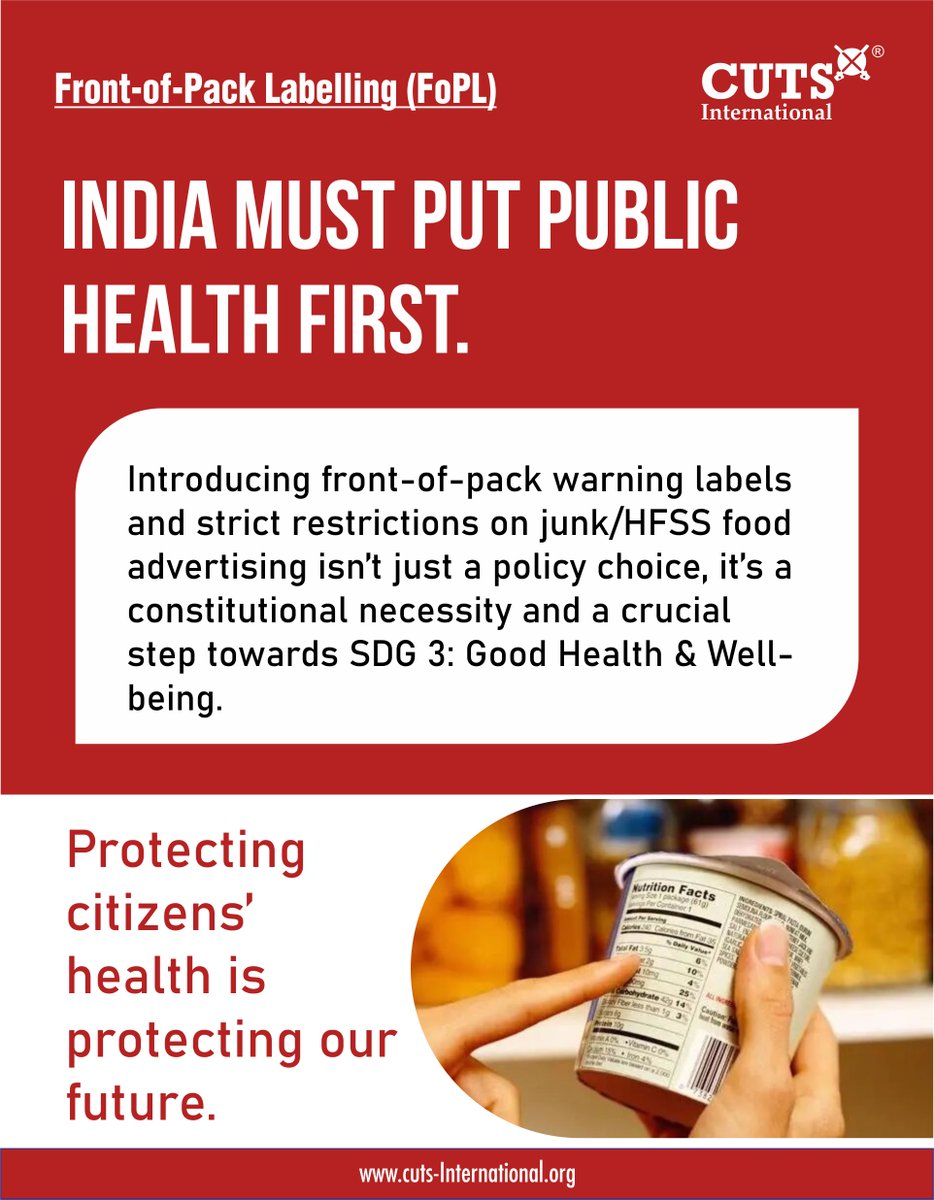 Prioritising public health through clear food labelling and stricter advertising regulations is essential to uphold constitutional rights and advance SDG 3.

#PublicHealth #SDG3 #FoodLabelling #cutsinternational

<a href="/fssaiindia/">FSSAI</a> <a href="/MoHFW_INDIA/">Ministry of Health</a> <a href="/kalita_mp/">Bhubaneswar Kalita MP</a> <a href="/WHO/">World Health Organization (WHO)</a> <a href="/amratindolia/">amratsingh</a> <a href="/Simi_TB/">Simi TB</a>