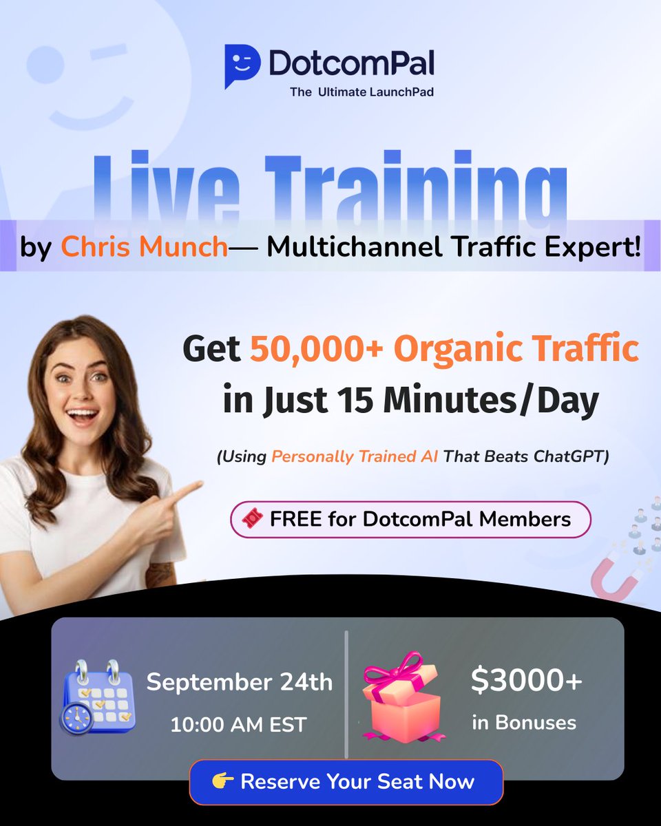 DotcomPal's tweet image. 🚨EXCLUSIVE: 50K visitors/month in 15 mins/day?  DotcomPal members, join LIVE training with Chris Munch (Sept 24, 10 AM EST) to unlock AI beating ChatGPT for organic traffic—no ads! 🎉 $3K+ bonuses if live.🔗Reserve: register.gotowebinar.com/register/91010… #DotcomPal #LiveTraining #FreeTraffic