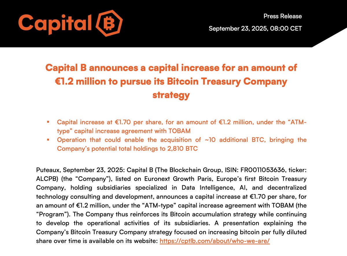 _ALCPB's tweet image. 🟠 Capital B announces a capital increase for an amount of €1.2 million to pursue its Bitcoin Treasury Company strategy⚡️

Full Press Release (EN): cptlb.com/wp-content/upl…

Full Press Release (FR): cptlb.com/wp-content/upl…

BTC Strategy (EN): cptlb.com/wp-content/upl…