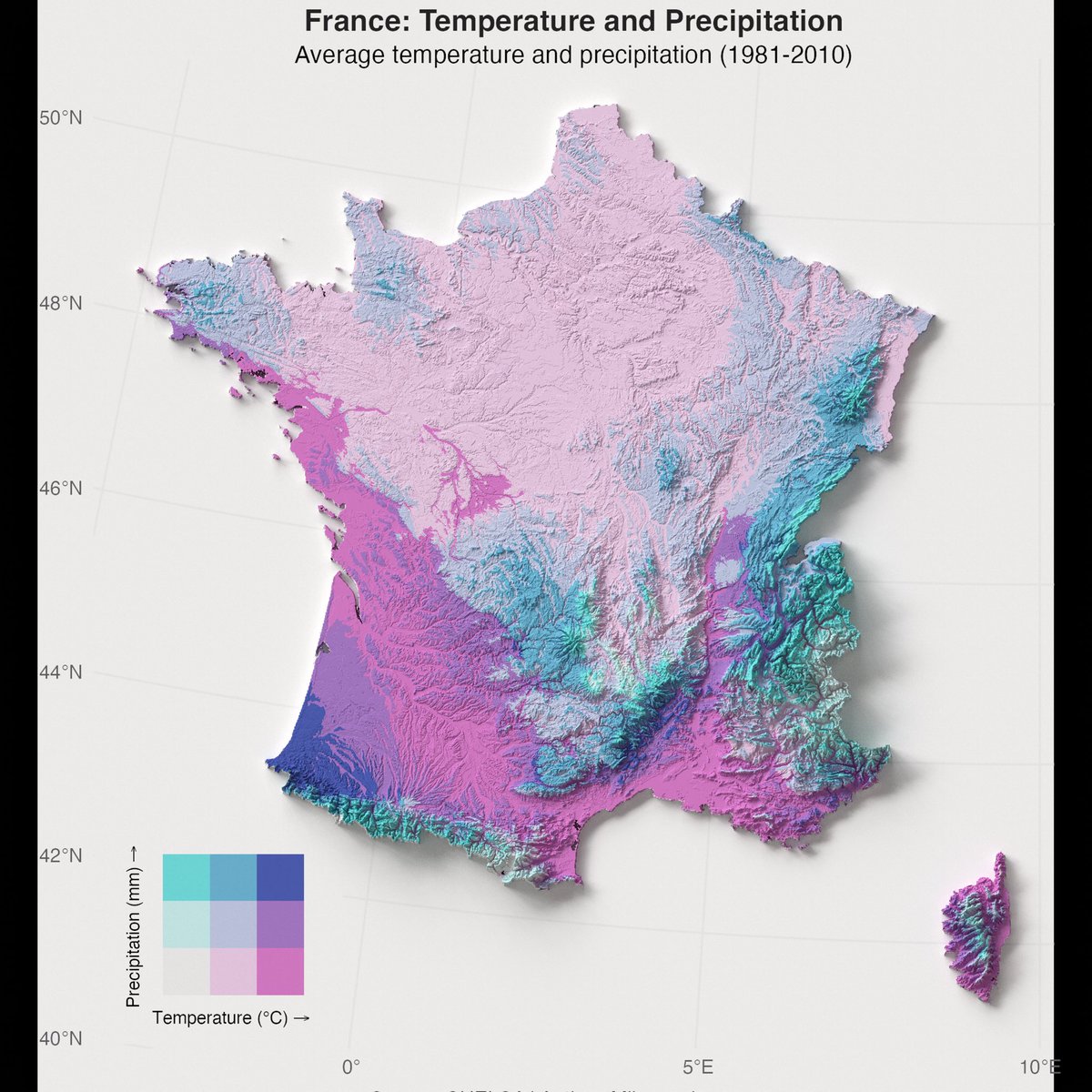 My new map blends average annual temperature and precipitation across France🇫🇷.

Deep blues mark the cooler, rain-soaked highlands of the Alps and Pyrenees, fading to warmer, drier pinks along the Mediterranean shores.

What stories does this map whisper to you?