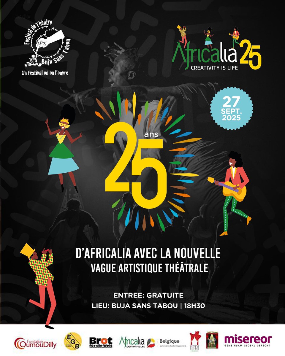 😌 25 ans d’ <a href="/africalia/">Africalia</a> , ça se fête ! 🎉
Le 27 sept à Buja Sans Tabou, on souffle les bougies ensemble 🤭
🎭 Restitution avec Hugh O’Gorman 
✨ Surprise by la nouvelle vague
🎶 Concert final pour danser nos tracas loin