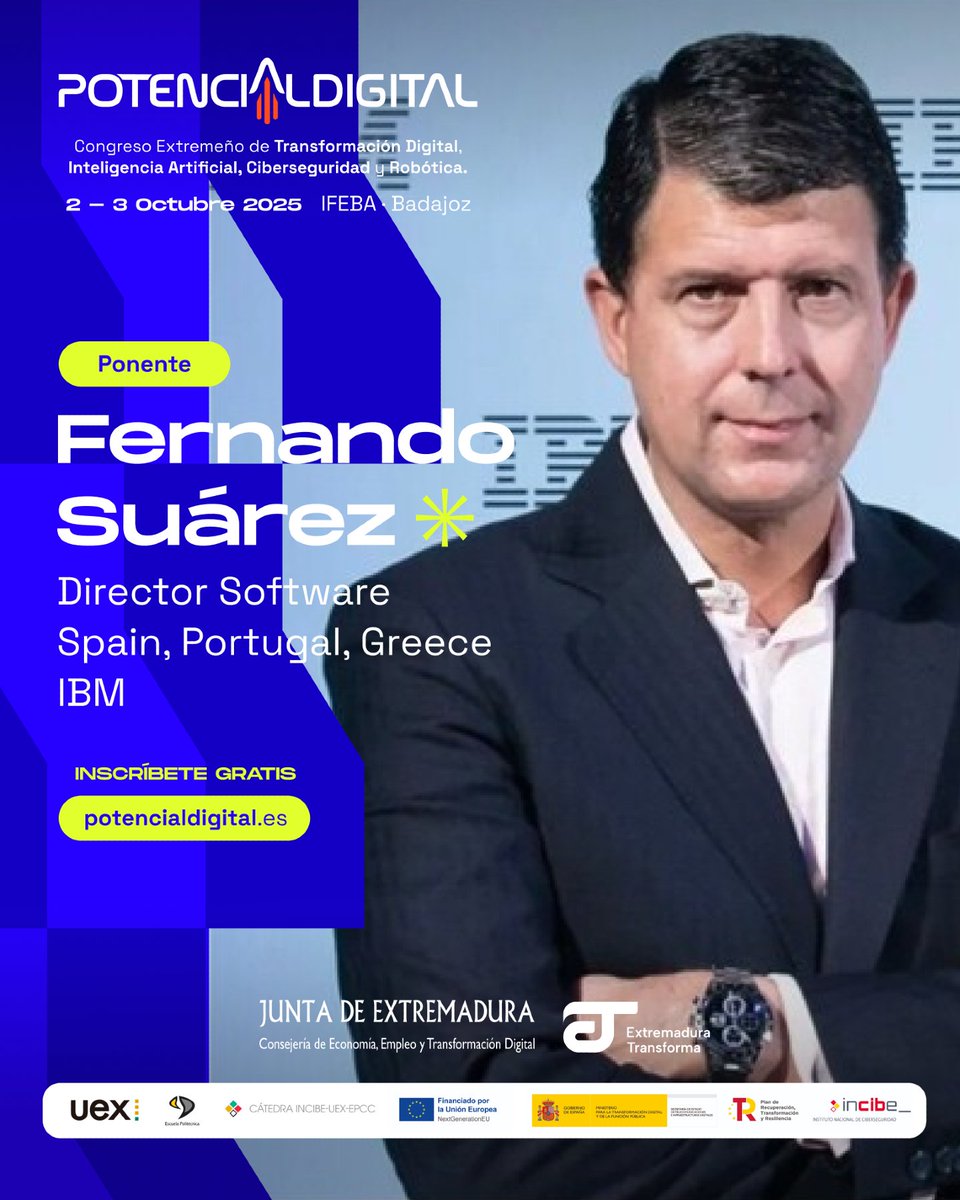 Potdigitalext's tweet image. 🚀 Un referente internacional se suma a Potencial Digital 2025

Nos acompañará Fernando Suárez, Director de Software para España, Portugal y Grecia  en @IBM , una de las voces más influyentes en el sector tecnológico.

Con una trayectoria de impacto global, Fernando compartirá su…