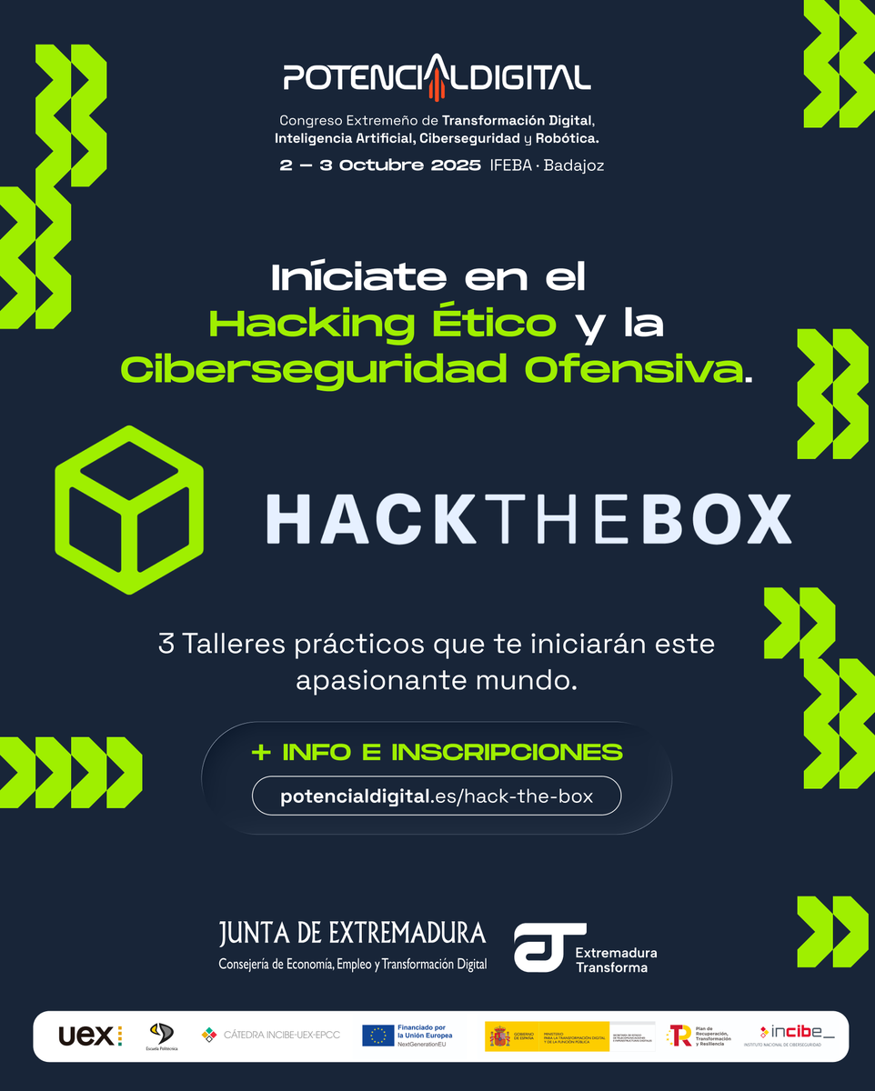 Potdigitalext's tweet image. 🔐 ¿Quieres sentirte hacker por un día?
En Potencial Digital 2025 te traemos una de las experiencias más top de esta edición: los talleres de Hack The Box, la plataforma global donde miles de profesionales aprenden ciberseguridad jugando.

👉 3 talleres prácticos para iniciarte…