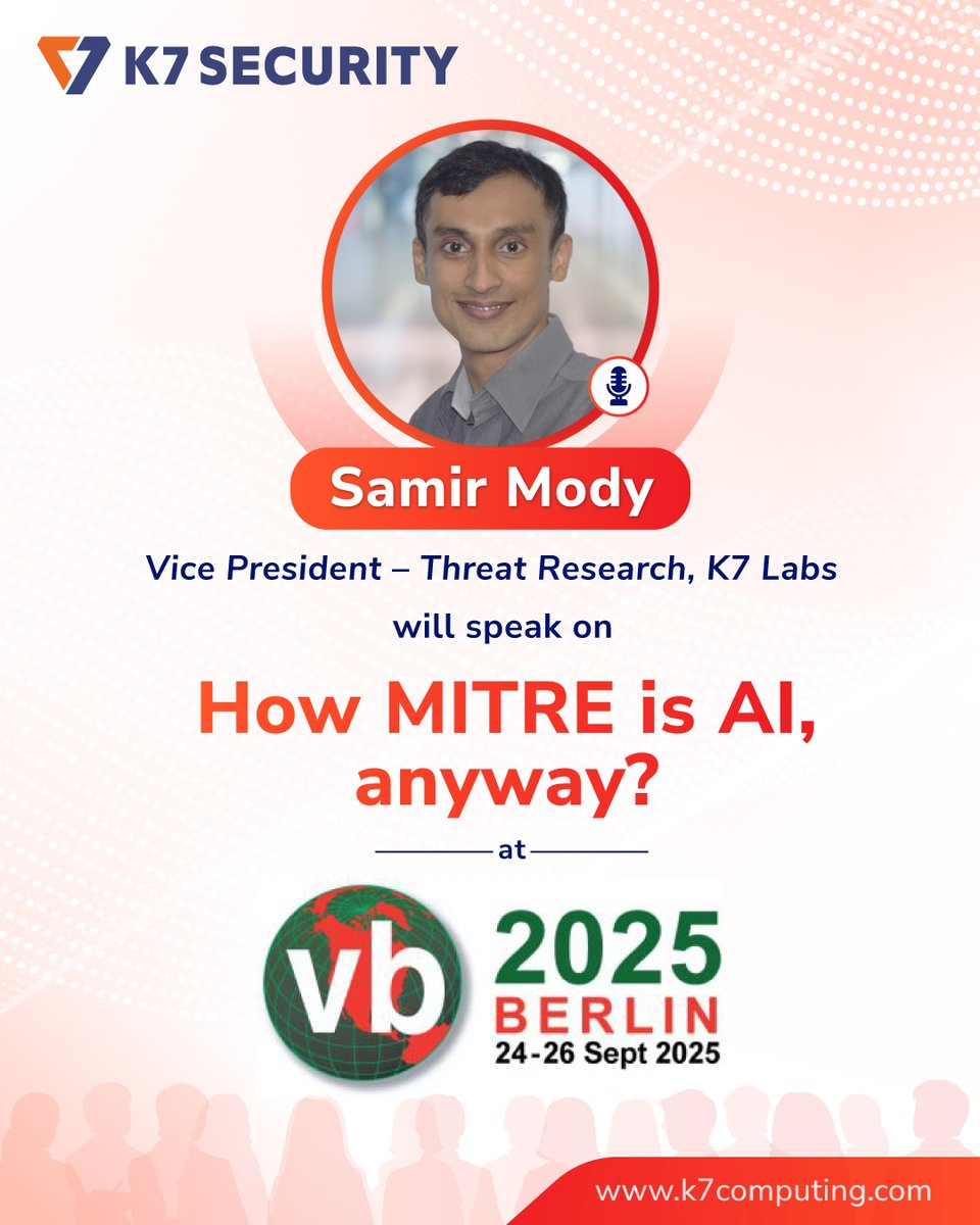 k7computing's tweet image. K7 Computing’s Samir Mody will analyse GenAI’s ability to identify MITRE ATT&CK IDs from logs, provide sample code relating to MITRE ATT&CK tactics or techniques, and examine the languages used to generate such code, at VB2025 Berlin on 25 September 2025 –virusbulletin.com/conference/vb2…