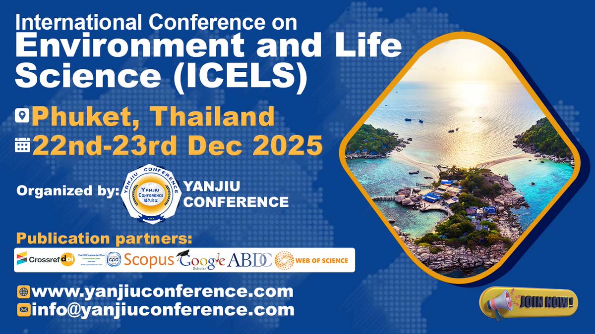 Yanjiuconf's tweet image. 🌿✨ ICELS 2025 – Shaping the Future of Environment &amp;amp; Life Sciences!
📍 Phuket, Thailand
📅 22nd – 23rd December 2025
📧 info@yanjiuconference.com
🔗 Don’t miss this opportunity → Be part of the change!
yanjiuconference.com/Conference/346…

#environmentconference #lifescienceresearch