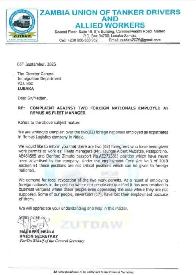 joseph_kalimbwe's tweet photo. Received this this morning where some Zambians are complaining about the employment of two Zimbabweans at a Zambian company. There is many Indians and Chinese nationals working in our country at Zambian companies. Why is this union only going after fellow black African brothers ? https://t.co/uOiH0jIC1i