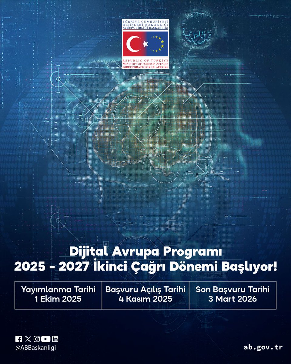 🚀Dijital Avrupa Programı’nda Yeni Çağrı Dönemi 1 Ekim 2025 tarihinde Başlıyor!
💻Yapay zeka, siber güvenlik, yüksek performanslı hesaplama ve dijital beceriler alanındaki projeler için destek fırsatı.
📅Başvuru: 4 Kasım 2025–3 Mart 2026
🔗Detaylar: ipa.gov.tr/dijital-avrupa…