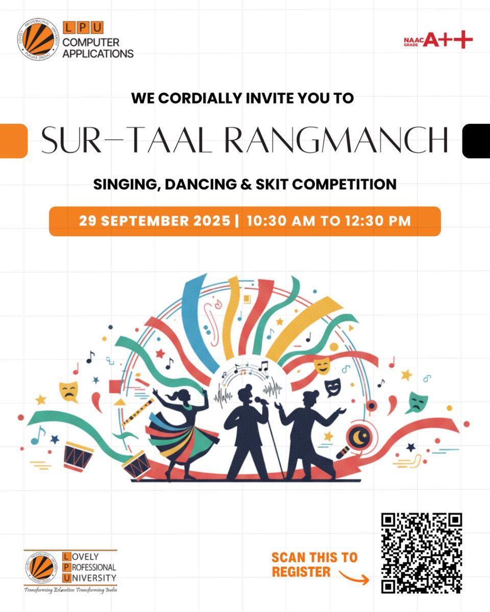LPUComputerApp's tweet image. SUR-TAAL RANGMANCH is here! 🎭
Singing | Dancing | Skit Competition
📅 29 Sept 2025 | 🕥 10:30 AM - 12:30 PM
Scan QR & register now! 📲
#LPU #SurTaalRangmanch #CampusLife