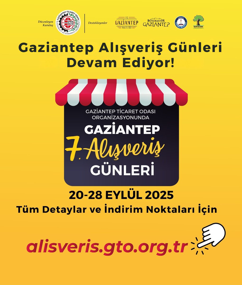 🛍️GAZİANTEP ALIŞVERİŞ GÜNLERİ DEVAM EDİYOR❗️

🛒#GaziantepAlışverişGünleri yüzleri güldürecek avantajlı fiyatlarla devam ediyor.

🗓️28 Eylül'e kadar sürecek bu fırsatı kaçırmayın❗️

🔎İndirimli mağazaları ve adreslerini görmek için: alisveris.gto.org.tr