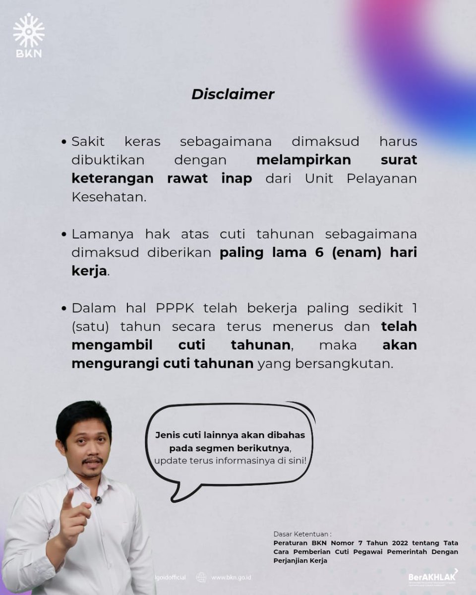Apa saja sih jenis cuti bagi PPPK dan bagaimana prosedurnya? Kali ini info singkat Sul akan mengulik seputar Cuti Tahunan yang berhak diperoleh disertai syarat ketentuannya.

Tunggu pembahasan jenis cuti lainnya pada emang boleh tanya-tanya, Sul berikutnya 🙌