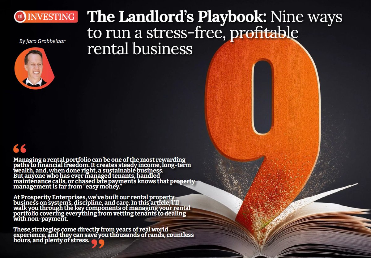 REIM_SA's tweet image. The Landlord’s Playbook 📖 | 9 proven ways to run a stress-free, profitable rental business. From tenant vetting to late payments, these strategies save you time, money, and stress. 

Read it here 👉 joom.ag/Ak2d/p60

 #PropertyManagement #LandlordTips #RentalInvesting