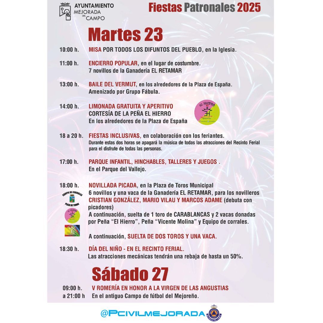 PCivilMejorada's tweet image. Último día de las #FiestasMejorada2025!! Hoy tenemos:
- Encierro.
- Baile del vermut.
- Fiestas inclusivas.
- Hinchables y juegos infantiles.
- Novillada.
- Día del Niño.