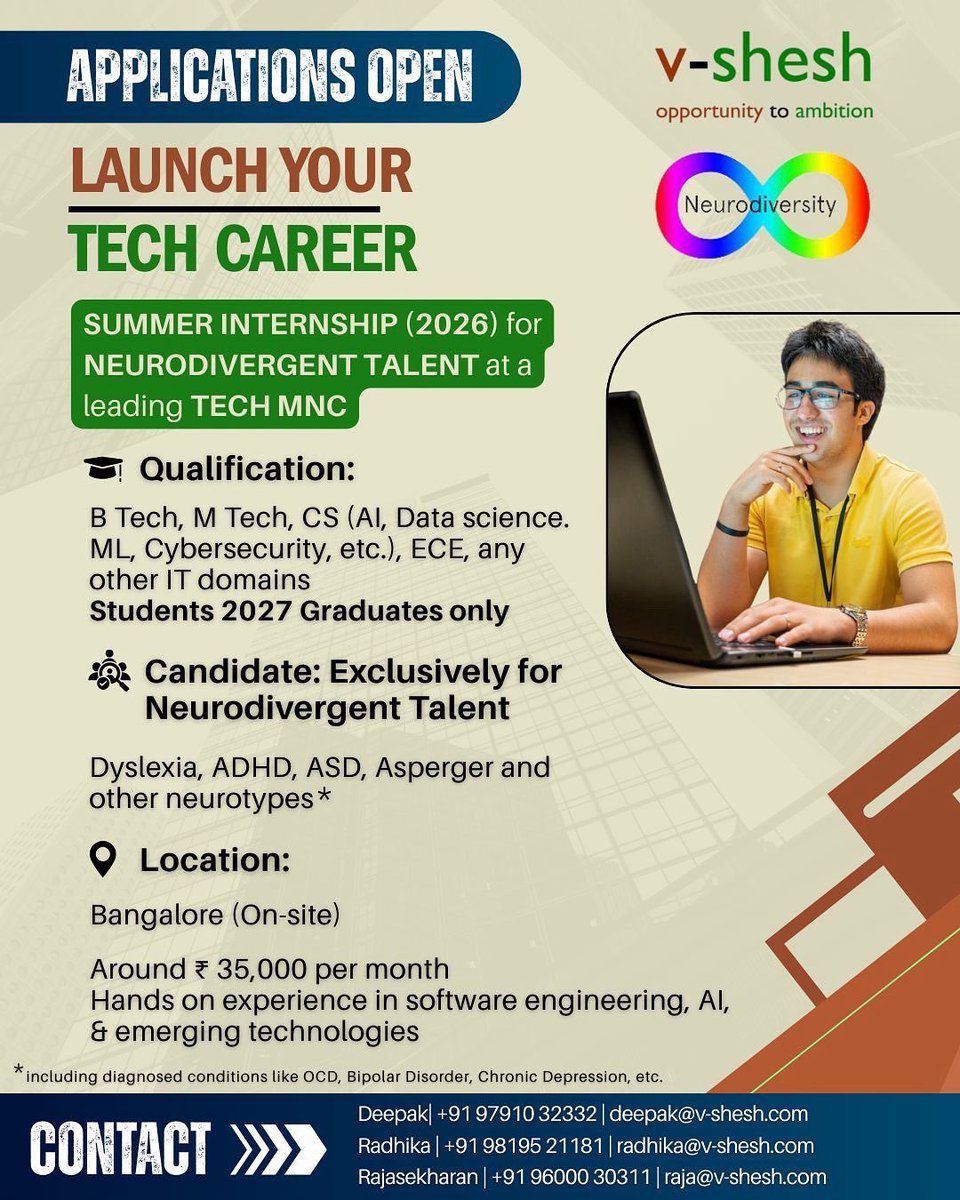 abilityfdn's tweet image. 🚀 Internship for neurodivergent talent!
📍 Bangalore | 💰 ₹35K/month | 🎓 BE/BTech/MTech (CS/IT/AI/ML etc.)

Apply now 👉 forms.office.com/r/NWEAFKSey2

#NeurodiversityInTech #InclusiveInternship #AbilityFoundation