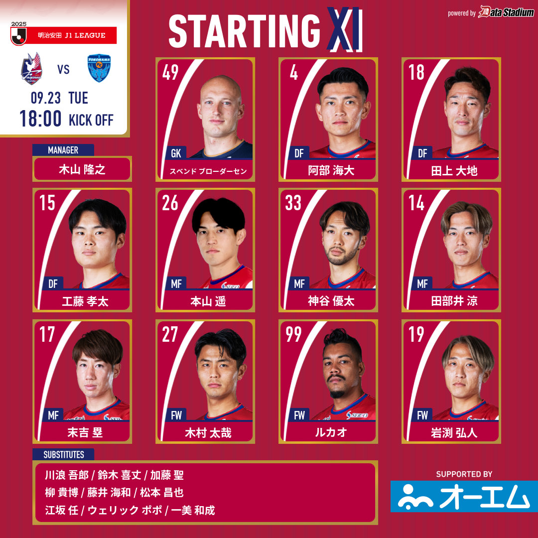 🆚#横浜FC
GK #スベンドブローダーセン
DF #阿部海大 #田上大地 #工藤孝太
MF #本山遥 #神谷優太 #田部井涼 #末吉塁
FW #木村太哉 #ルカオ #岩渕弘人

SUB #川浪吾郎 #鈴木喜丈 #加藤聖 #柳貴博 #藤井海和 #松本昌也 #江坂任 #ウェリックポポ #一美和成