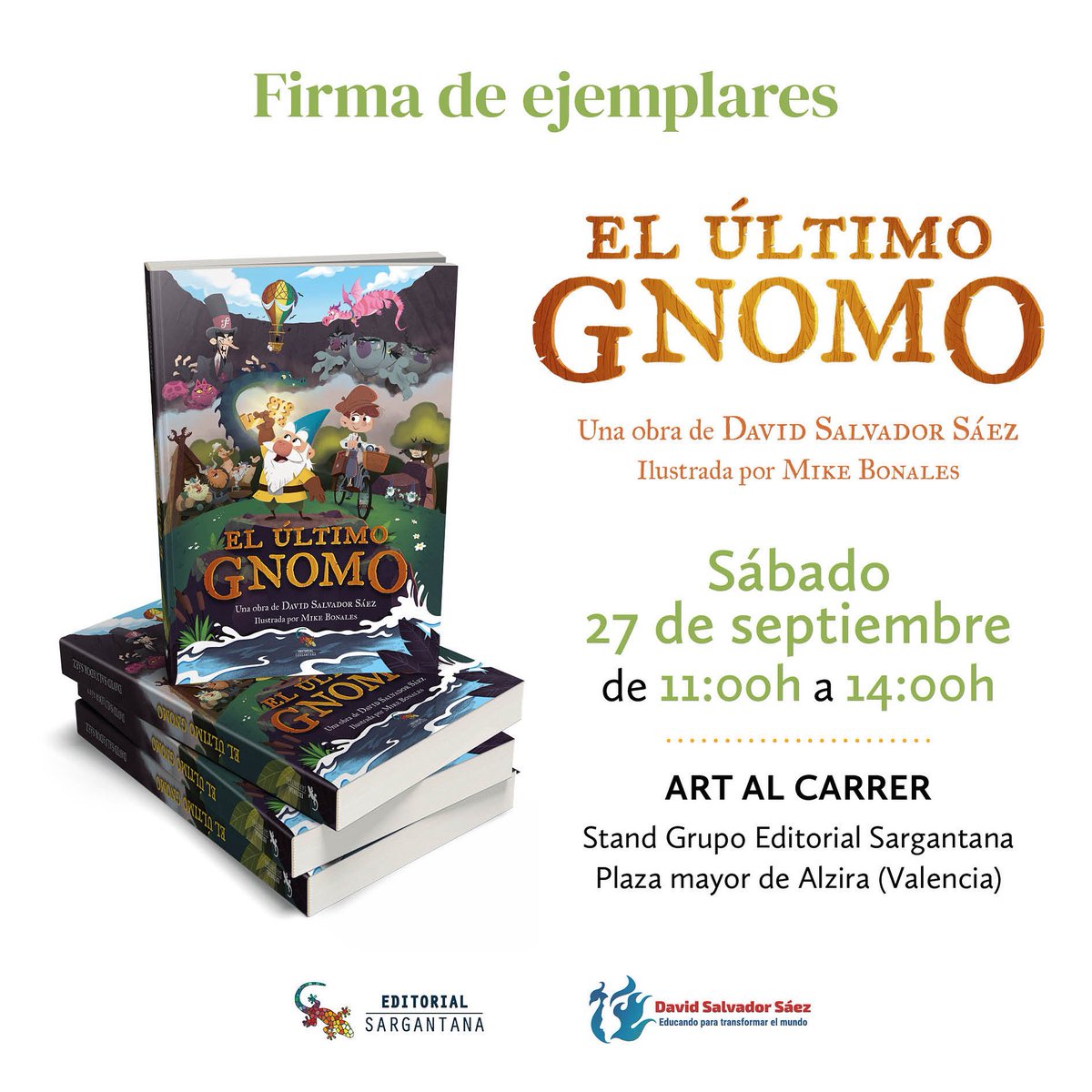 👉🏻Firmando y presentando mi obra titulada &lt;&lt;El último Gnomo&gt;&gt; junto al resto de mi bibliografía en mi ciudad, Alzira (Valencia).

✔️Encuéntrame por la mañana en el stand del grupo editorial Sargantana desde las 11:00h. hasta las 14:00h.

<a href="/Ed_Sargantana/">Editorial Sargantana</a> 

#davidsalvadorsáez