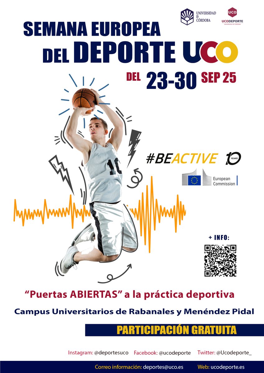 Desde hoy, martes 23, hasta el martes 30, la Universidad de Córdoba, bajo la etiqueta #BeActive, va a celebrar la Semana Europea del Deporte, con una gran oferta de puertas abiertas de sus instalaciones deportivas y un gran descuento en el Abono Deportivo Universitario.
