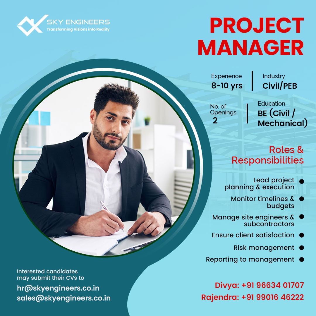 skyengineerspeb's tweet image. Sky Engineers is looking for dynamic Site Engineer and Project Manager to join our growing team.
📷 How to Apply:
Send your CV to:
📷 hr@skyengineers.co.in | sales@skyengineers.co.in
📷 For More Details:
Divya: +91 96634 01707 | Rajendra: +91 99016 46222