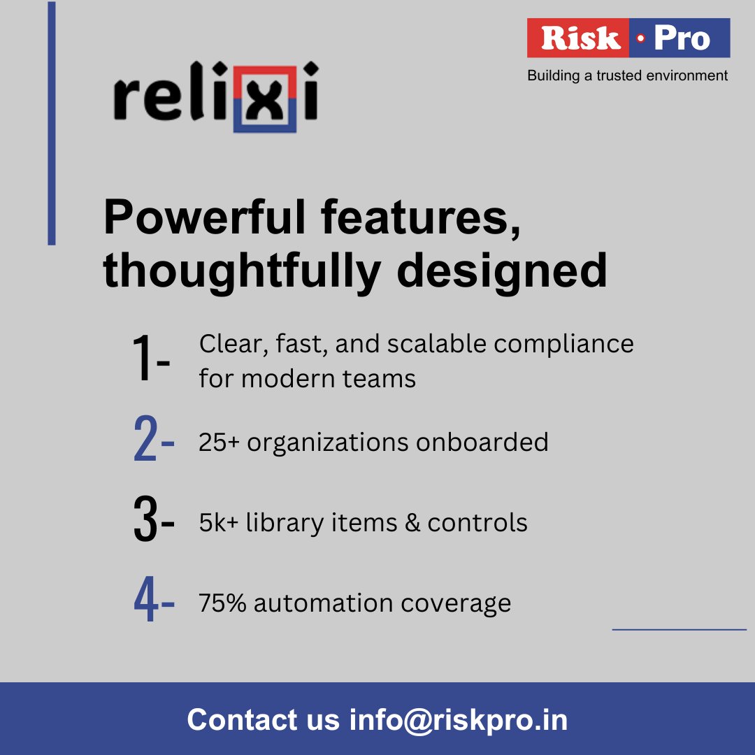 Riskpro_india's tweet image. Relixi delivers a modern, DIY approach to compliance with measurable impact:​
- 25+ organizations onboarded​
- 5k+ library items &amp;amp; controls​
- 75% automation coverage​

Explore Relixi now → app.relixi.com​

#riskpro #DIYCompliance #AuditAutomation #Relixi #GRC #InfoSec