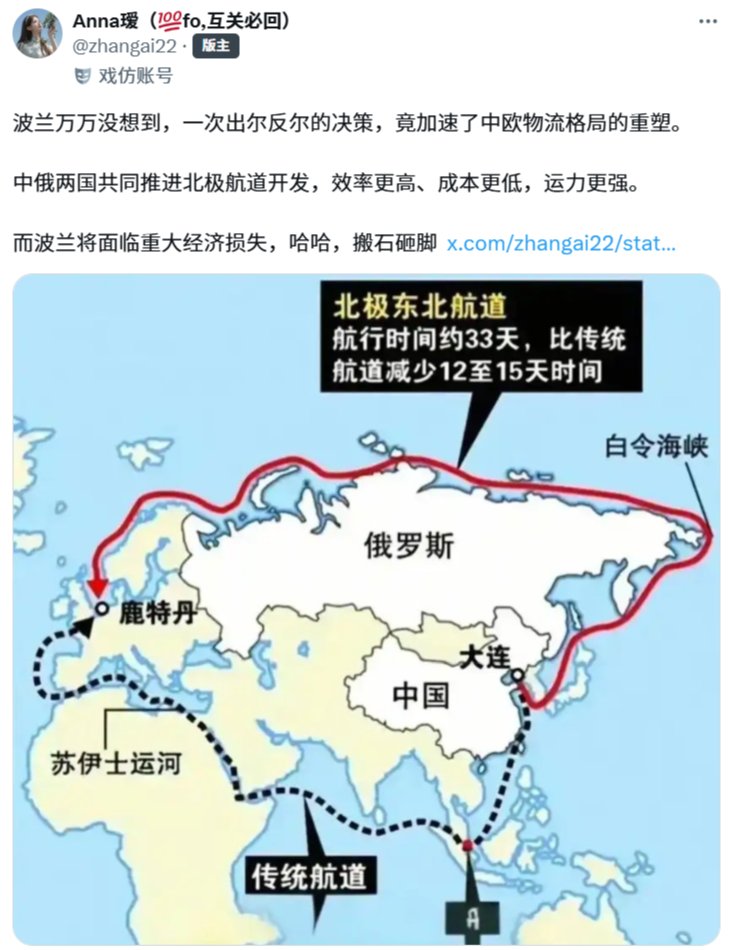 MoreRedMaple's tweet photo. 开通北极航道就开通北极航道，你说“波兰将面临重大经济损失，哈哈，搬石砸脚”做什么？
波兰人刨你祖坟了？
😅😅😅 https://t.co/s1PnkkR6Q2