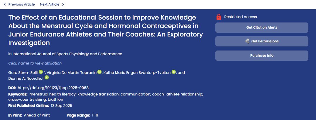 Now ahead of print: The Effect of an Educational Session to Improve Knowledge About the Menstrual Cycle and Hormonal Contraceptives in Junior Endurance Athletes and Their Coaches: An Exploratory Investigation, by Guro Strøm Solli and colleagues. doi.org/10.1123/ijspp.…