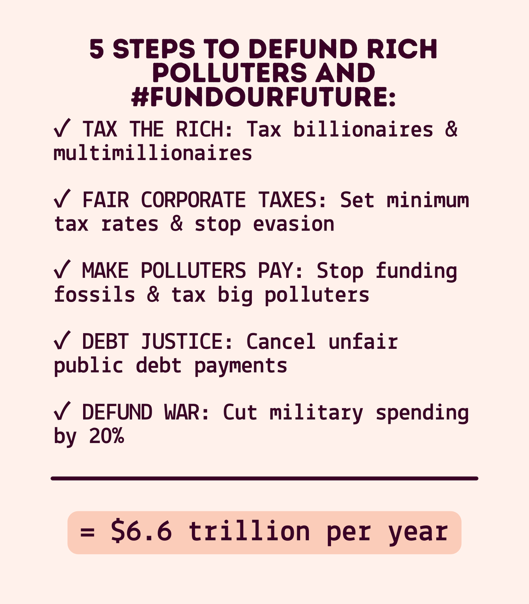 WoMin_Africa's tweet photo. We can pay for a just transition:
Tax the super rich- $3.5 tn
Make polluters pay- $1.1 tn
Set minimum corporate tax rates + seal tax loopholes- $1.1 tn
Cancel unfair public debt- $608 bn
Cut public military budgets- $280 bn
#FixtheFinance

More details ➡️ https://t.co/vsrEiJ4DKT https://t.co/ryKF2xfLHH