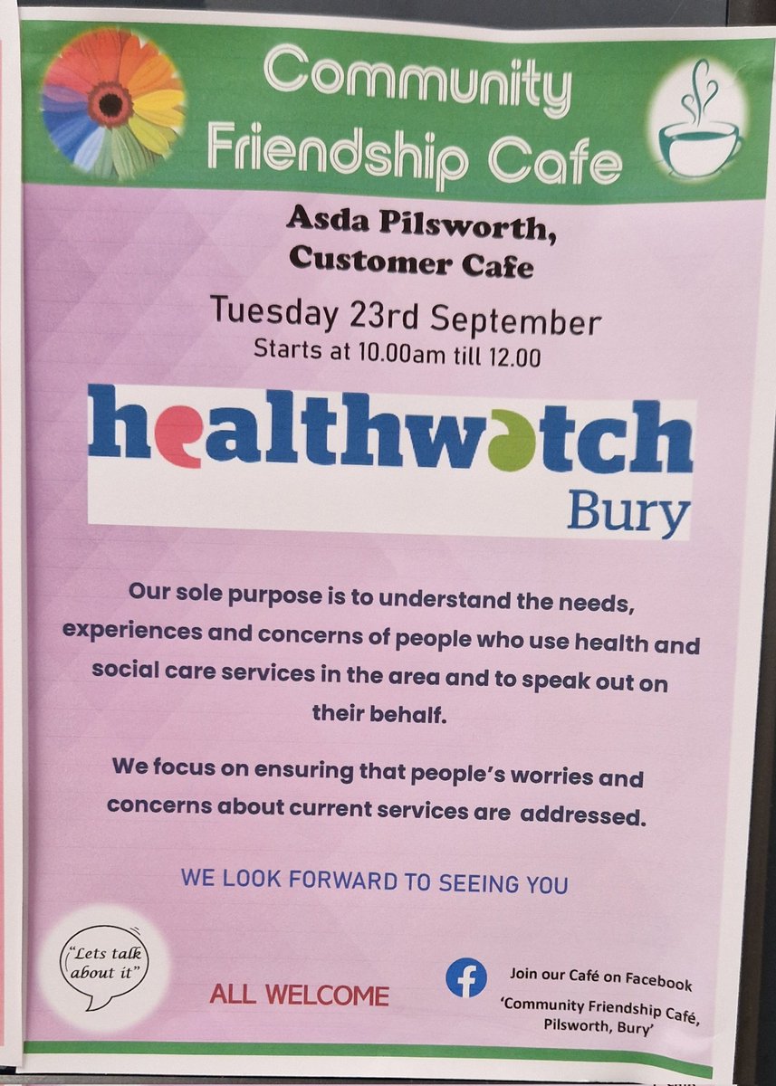 Happening today, please come along, free tea and coffee for all who attended. HealthWatch Bury will be here to give lots of advice and answer any questions you may have. See you soon🤞😀