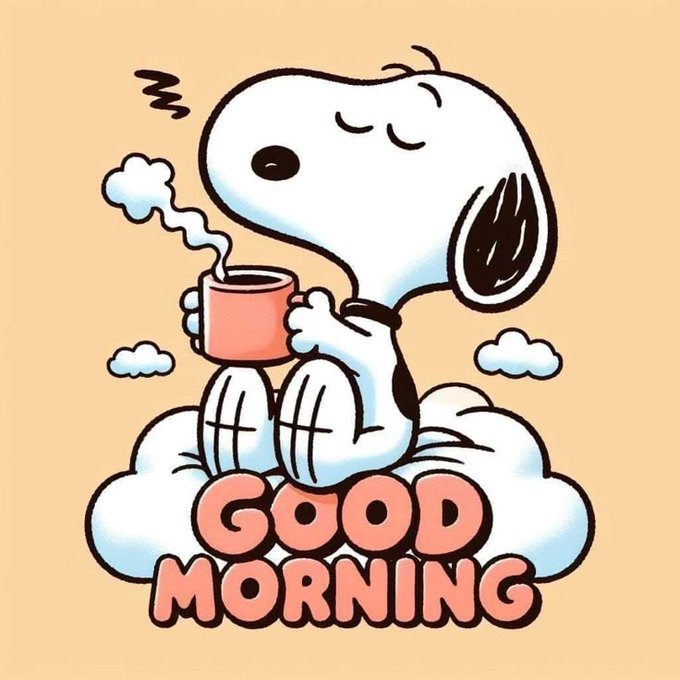 Snoopy sitting on a cloud, holding a cup of coffee with steam rising, eyes closed with zzz symbols indicating sleepiness. The text "GOOD MORNING" in pink and white letters is below Snoopy on the cloud.