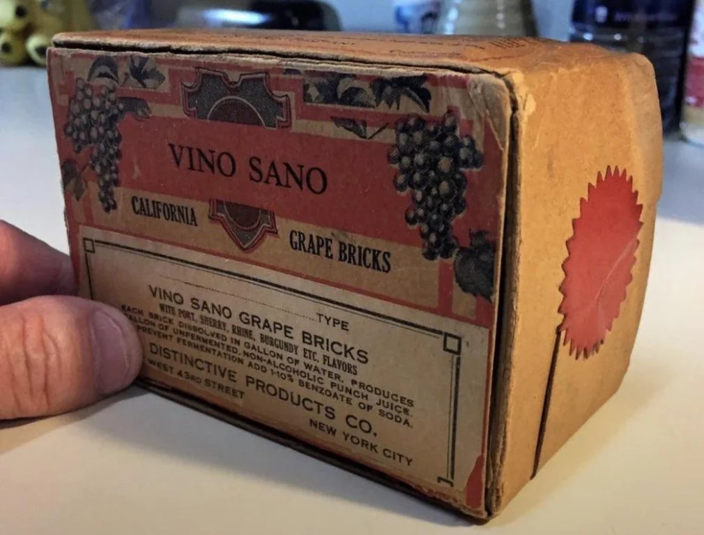 Rainmaker1973's tweet photo. During Prohibition in the 1920s and early 1930s, clever loopholes appeared in the marketplace. 

One example was the "grape brick," a block of concentrated dried grapes sold as a way to make grape juice. The packaging often included warnings explaining exactly how NOT to ferment it into wine.