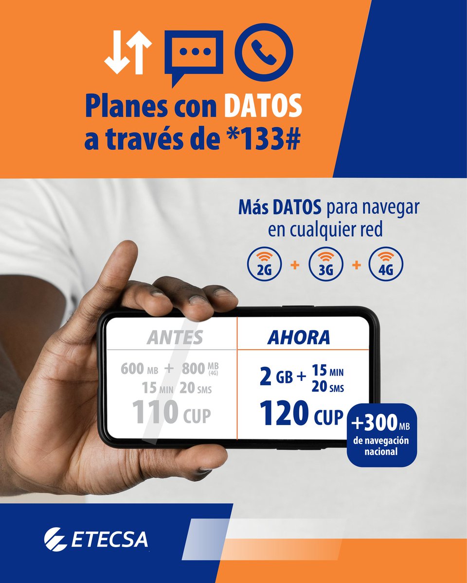 📲Si cuentas cuentas con saldo móvil disponible, puedes marcar 👉*133# y elige la Opción1: Datos y compra los planes que necesites para navegar en cualquier red.
#EtecsaConCuba