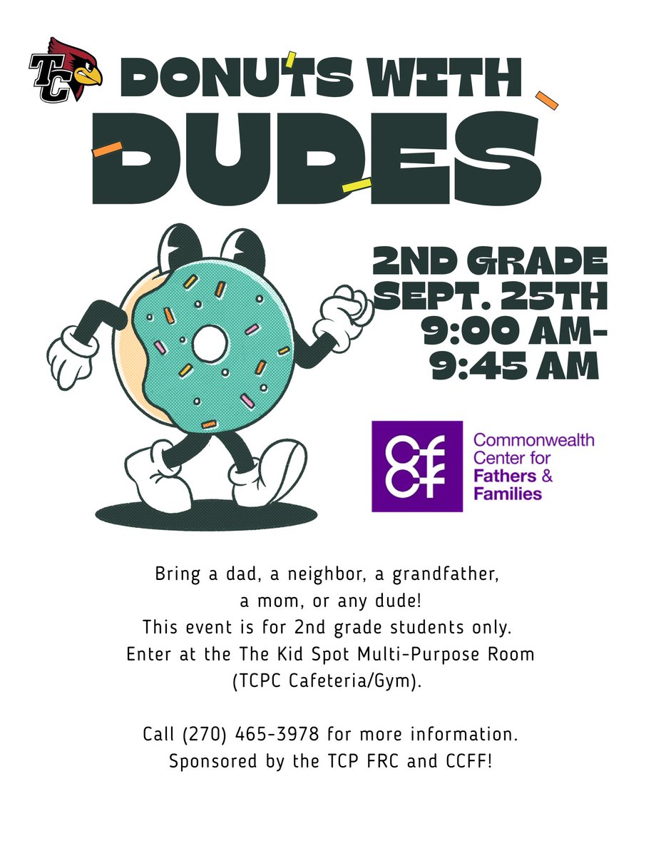 TC_Schools_KY's tweet image. 𝐑𝐄𝐌𝐈𝐍𝐃𝐄𝐑: Donuts with Dudes for our 2nd grade students is on Thursday, September 25, at 9:00 AM in The Kid Spot Center Multi-Purpose Room at Taylor County Primary Center! 

Thank you to our FRC for sponsoring the event! 

#tcpride #tccares #TCFRC