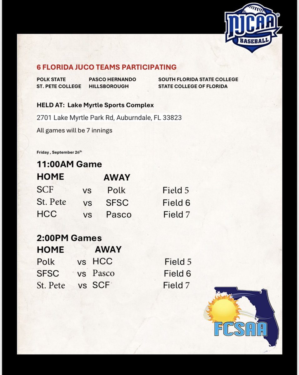 More JUCO ⚾️ in Auburndale FL this Friday Sept 26th with the old Suncoast Tourney. <a href="/USASCOUTBALL/">Scoutball USA</a> <a href="/TheFCSAA/">FCSAA</a> <a href="/jucoroute/">#JucoRoute</a> <a href="/The_Noah_Sharp/">Noah Sharp</a>
