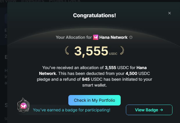 Hana
<a href="/HanaNetwork/">Hana</a>
打新额度出来了
打了4500U，给了3555额度，差不多79%，目前抹茶盘前0.071，可以赚2755U，投入产出比爆炸。感谢kaito <a href="/KaitoAI/">Kaito AI 🌊</a>