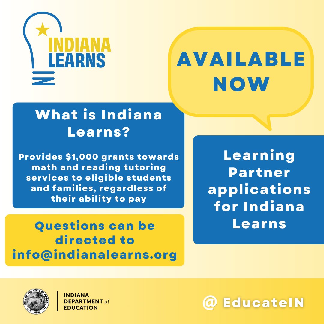 Applications to be an approved Indiana Learns Learning Partner for the 2025-2026 program year are now open!📄✏️ Interested school corporations and organizations can apply here through Oct. 10: bit.ly/3VxLOR4