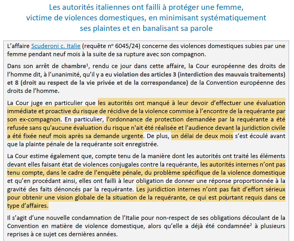 Violences conjugales : Une réaction inappropriée des autorités judiciaires viole la CEDH.

En particulier car elles ont :
- Tardé à tenir des audiences;
- Minimisé les risques de violence;
- Déconsidéré la parole de la victime;
- Ignoré les spécificités des violences domestiques.