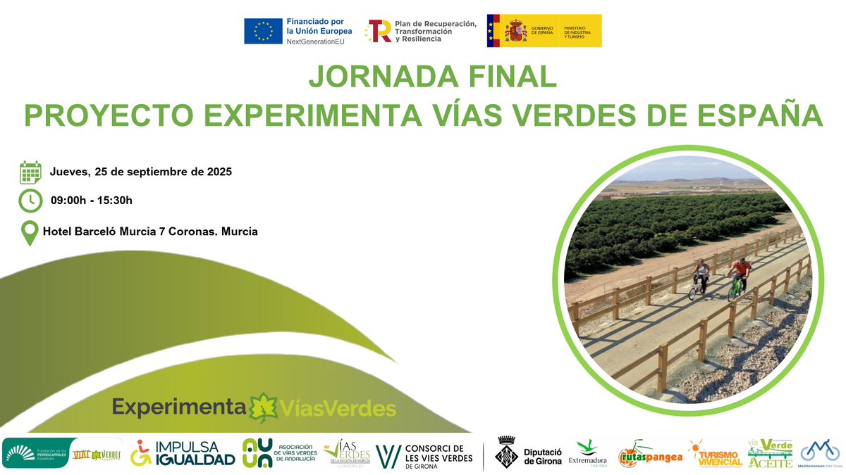 Vías Verdes (@viasverdes_ffe) on Twitter photo ✅¡No olvides que en 2 días se celebra la Jornada Final de proyecto #ExperimentaVV!
🖌 Aún estás a tiempo de inscribirte: docs.google.com/forms/d/e/1FAI…
ℹ️ viasverdes.com/noticias/notic…
¡Te esperamos!
<a href="/ffe_es/">Fundación de los Ferrocarriles Españoles</a> <a href="/ViasVerdesRM/">Vías Verdes Región de Murcia</a> <a href="/itremurcia/">Instituto de Turismo de la Región de Murcia</a> <a href="/IMPULSAIGUALDAD/">IMPULSA IGUALDAD</a> <a href="/ViaVerdeAceite/">Via Verde del Aceite</a> <a href="/VivenciaTurismo/">Turismo Vivencial</a> ✅¡No olvides que en 2 días se celebra la Jornada Final de proyecto #ExperimentaVV!
🖌 Aún estás a tiempo de inscribirte: docs.google.com/forms/d/e/1FAI…
ℹ️ viasverdes.com/noticias/notic…
¡Te esperamos!
<a href="/ffe_es/">Fundación de los Ferrocarriles Españoles</a> <a href="/ViasVerdesRM/">Vías Verdes Región de Murcia</a> <a href="/itremurcia/">Instituto de Turismo de la Región de Murcia</a> <a href="/IMPULSAIGUALDAD/">IMPULSA IGUALDAD</a> <a href="/ViaVerdeAceite/">Via Verde del Aceite</a> <a href="/VivenciaTurismo/">Turismo Vivencial</a>