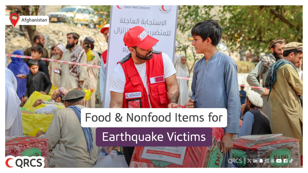 QRCS's tweet photo. In partnership with @ARCSAfghanistan & local authorities/communities, @QRCS launches emergency response project to support needs of earthquake-affected families in #Afghanistan, with food parcels & nonfood kits distributed to 500 affected families in Sawkai district, Kunar province