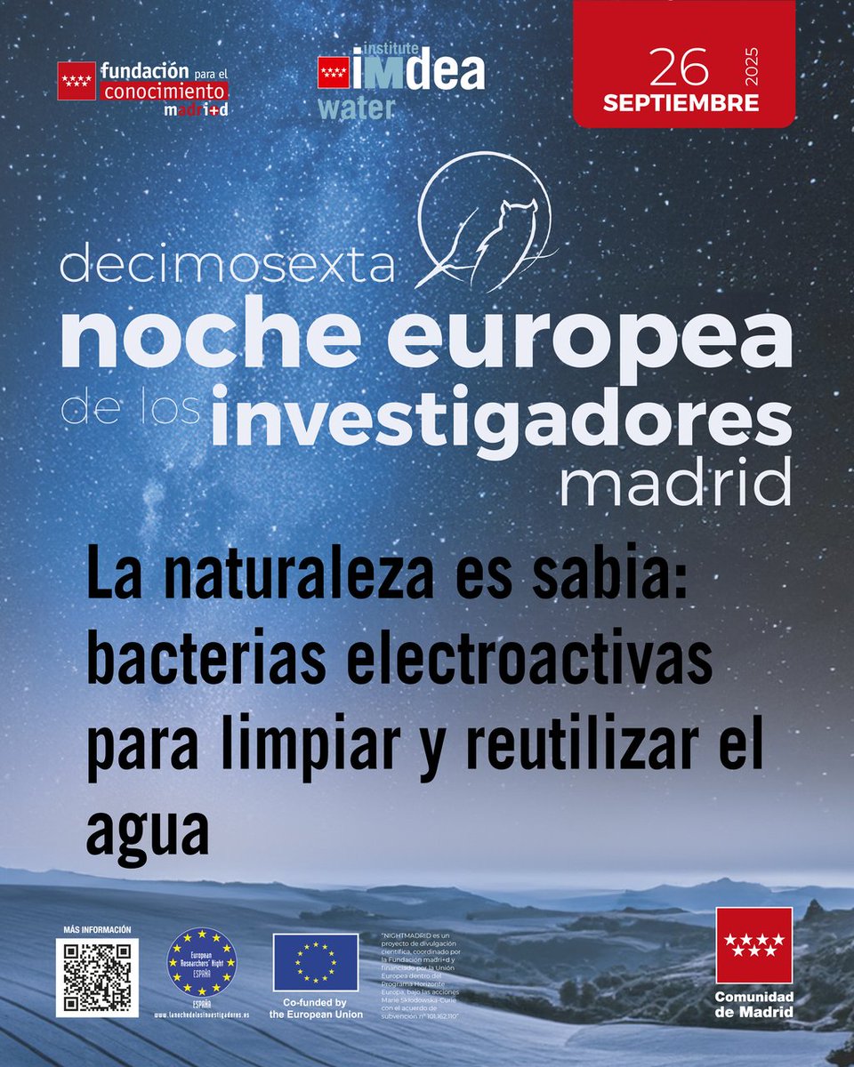 ¿Quieres conocer cómo podemos tratar aguas residuales urbanas de forma sostenible mediante microorganismos electroactivos? Descúbrelo en la #NocheEuropeaInvestigadores #NightMadrid #NIGHTspain #EuropeanResearchersNight <a href="/MSCActions/">Marie Skłodowska-Curie Actions</a> <a href="/Bioe_Group/">Bioe Group</a>
+info: c.madrid/u67gl