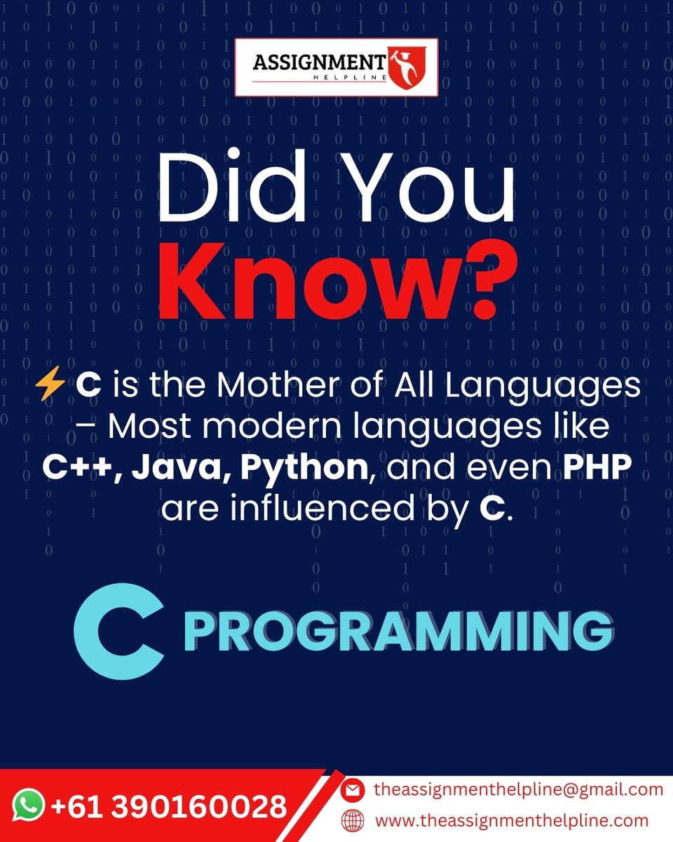 _the_assignment's tweet image. 💡 Did you know? C Programming is the mother of all modern languages!
Languages like C++, Java, Python, and PHP all trace their roots back to C.
📘 Need programming assignment help? Message us today!
#DidYouKnow #CProgramming #CodeLife #TechFacts #MotherOfLanguages #Programming