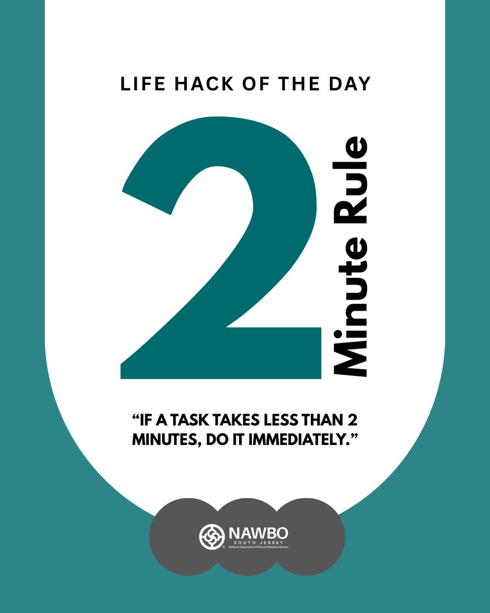 ⏱️ Life Hack of the Day 
“If a task takes less than 2 minutes, do it immediately.”
The 2-Minute Rule is a simple way to boost productivity and keep your business moving forward.

#ProductivityTips #LifeHack #WomenBusinessOwners #2MinuteRule #NAWBO