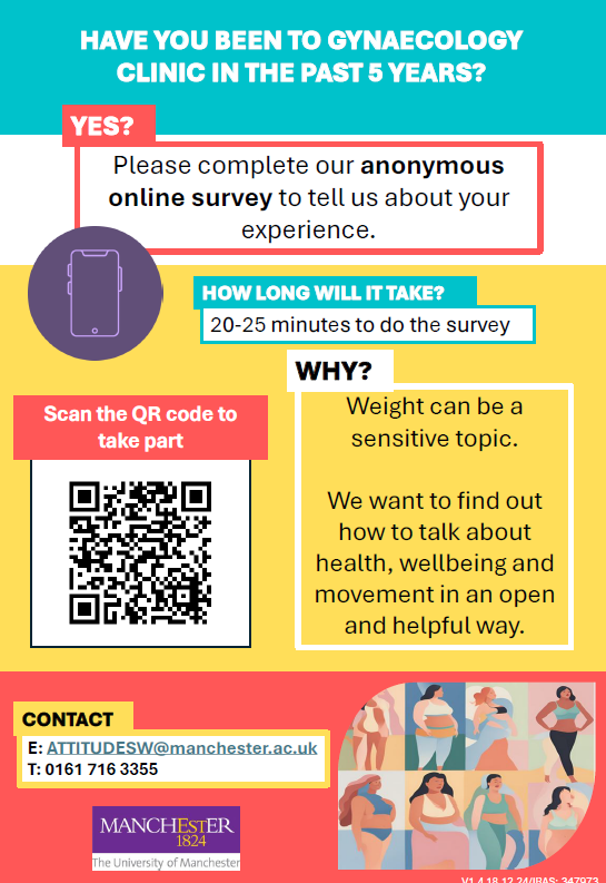 A new research project, ATTITUDES-W Patient study,  aims to better understand people’s experiences with gynaecology clinics &amp; weight management discussions.
If you've visited a gynaecology clinic in the past 5 years, we’d love to hear from you!
qualtrics.manchester.ac.uk/jfe/form/SV_da…