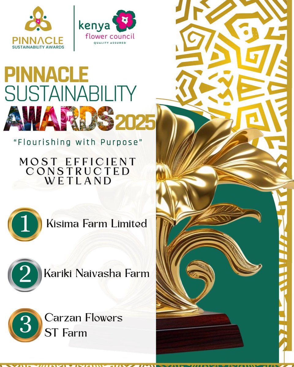 Celebrating the Most Efficient Constructed Wetland Award winners at the #PinnacleSustainabilityAwards2025 advancing #SDG6 &amp; #SDG15.
🥇 Kisima Farm Limited
🥈 Kariki Naivasha Farm
🥉 Carzan Flowers ST Farm

#SustainableFloriculture #KenyaFlowers #FloricultureExcellence