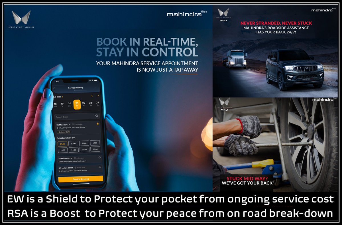 MahindraMSMoto1's tweet image. Book your service appointment instantly and enjoy peace of mind with 24x7 Roadside Assistance and Extended Warranty. 

EW shields your pocket from ongoing costs, while RSA keeps you going even if stuck mid-way.

#MahindraService #BookRealTime #StayInControl #RoadsideAssistance