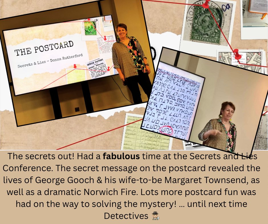 The secrets out! Had a fabulous time at the Secrets and Lies Conference. The secret message (written in a pigpen cipher) on the postcard revealed the lives of George Gooch &amp; his wife-to-be Margaret Townsend, as well as a dramatic Norwich Fire. Lots more postcard fun was had on