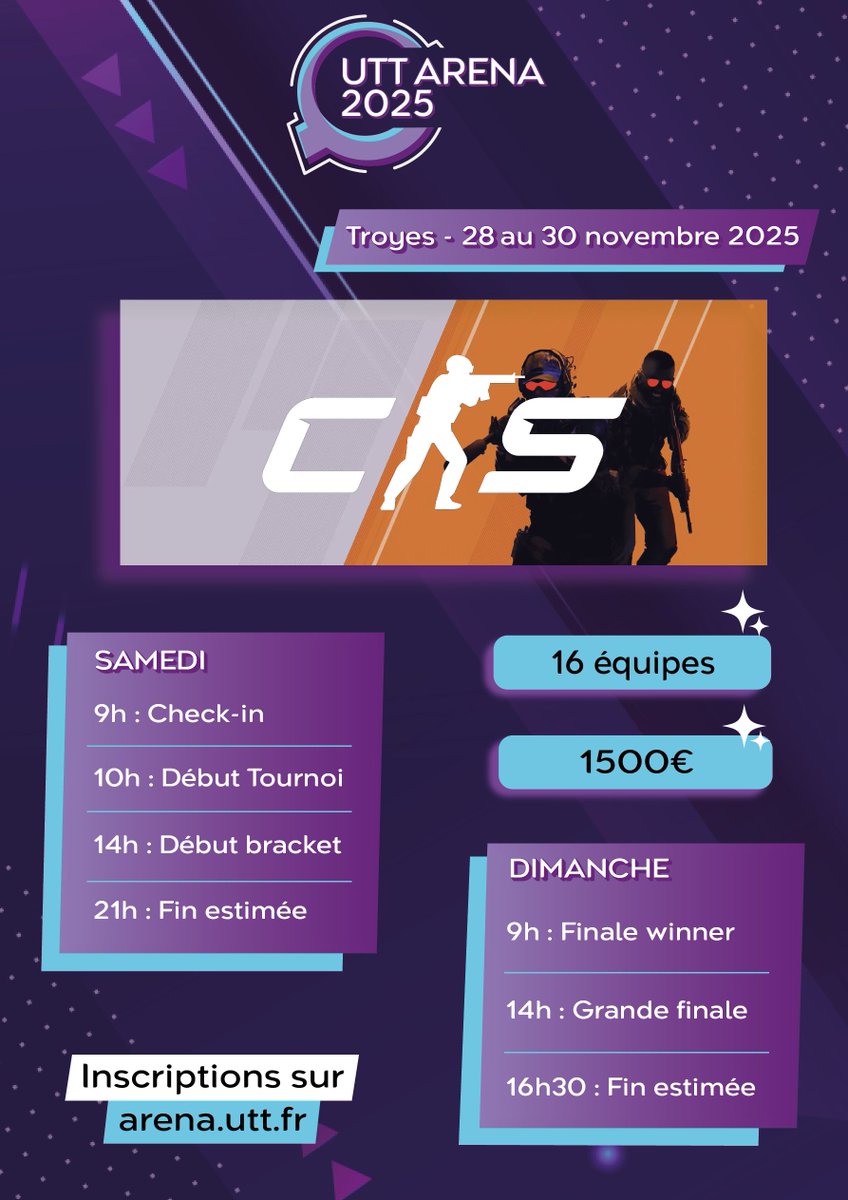 UTTArena's tweet image. 📢UTT Arena du 28 au 30 novembre - CS2 - Inscriptions ouvertes !📢

🎯Rejoignez le tournoi CS, et affrontez vos adversaires pour empocher jusqu&apos;à 1500 €.🏆
 
⚠️Rappel : toute l&apos;équipe doit avoir payé pour que le slot soit réservé.

➡️Inscrivez vous vite : arena.utt.fr